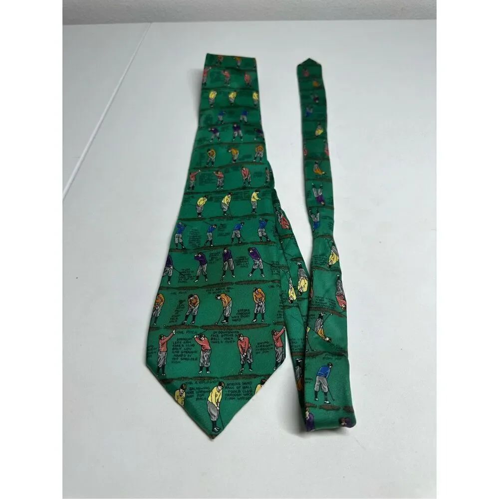 Rare ALYNN Neckwear Mens Necktie 57" Green 100% Silk The Golf Lesson MADE IN USA